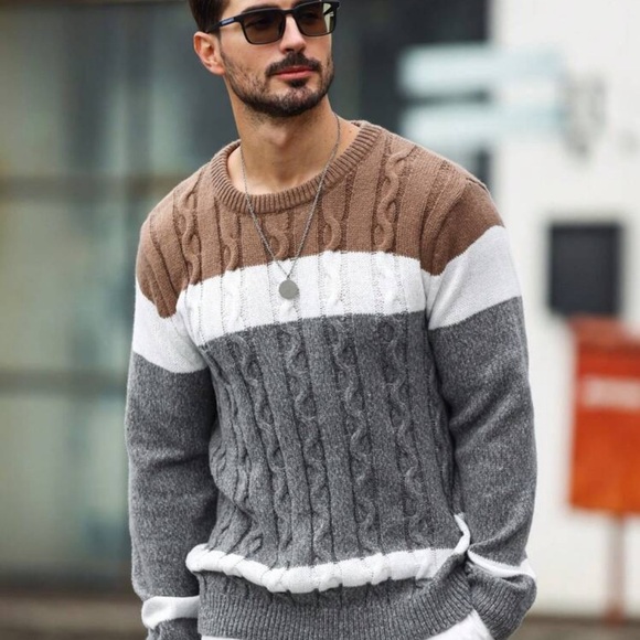 Manfinity Homme Men's Color Blocking Cable Knitted Sweater , Crew Neck - Picture 2 of 4